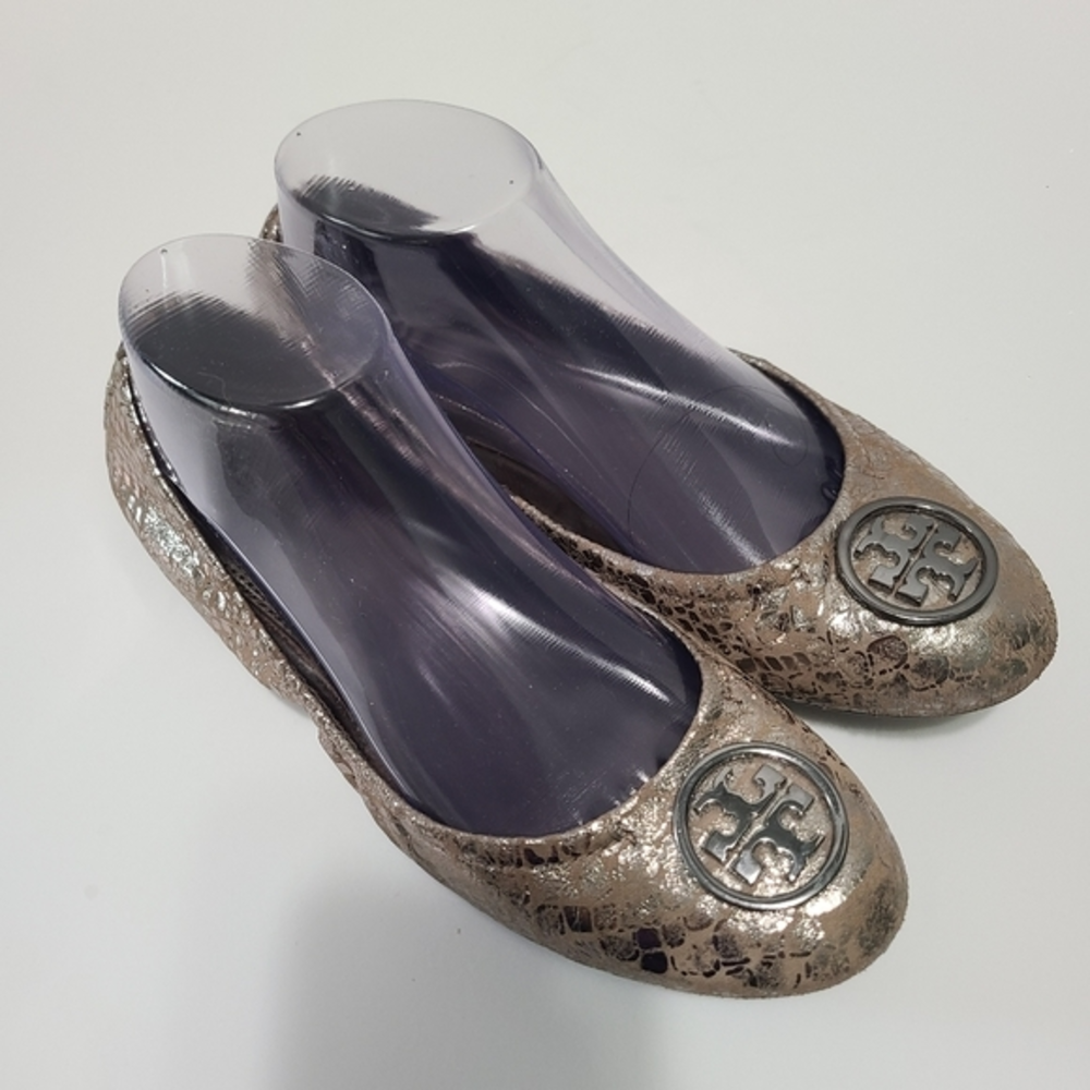 Tory‎ Burch HEIDI Ballet Flat Shoe Pewter Snakeskin Print Logo Size 8